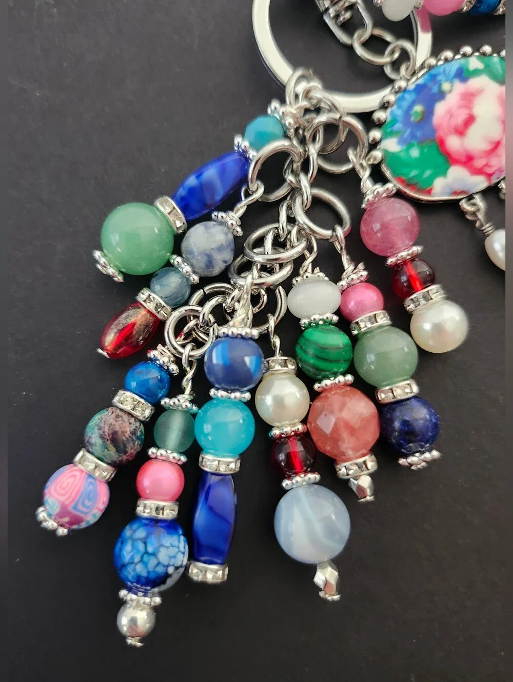 Floral Purse Charm or Keychain Agate Aventurine Sodalite Jade Handcrafted